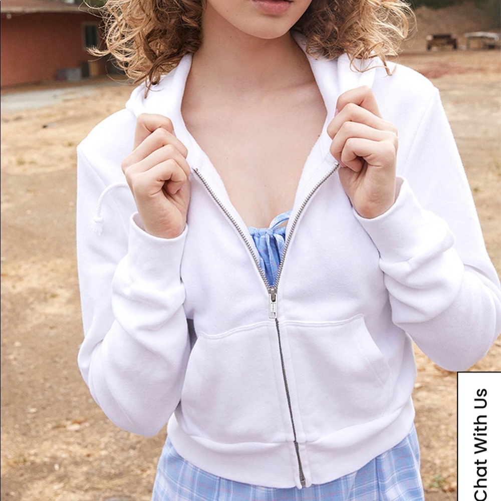 John Galt Brandy Melville Cropped Front Zip Hoodie White